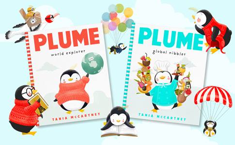 Plume World Explorer and Global Nibbler covers surrounded illustrations of Plume doing fun activities